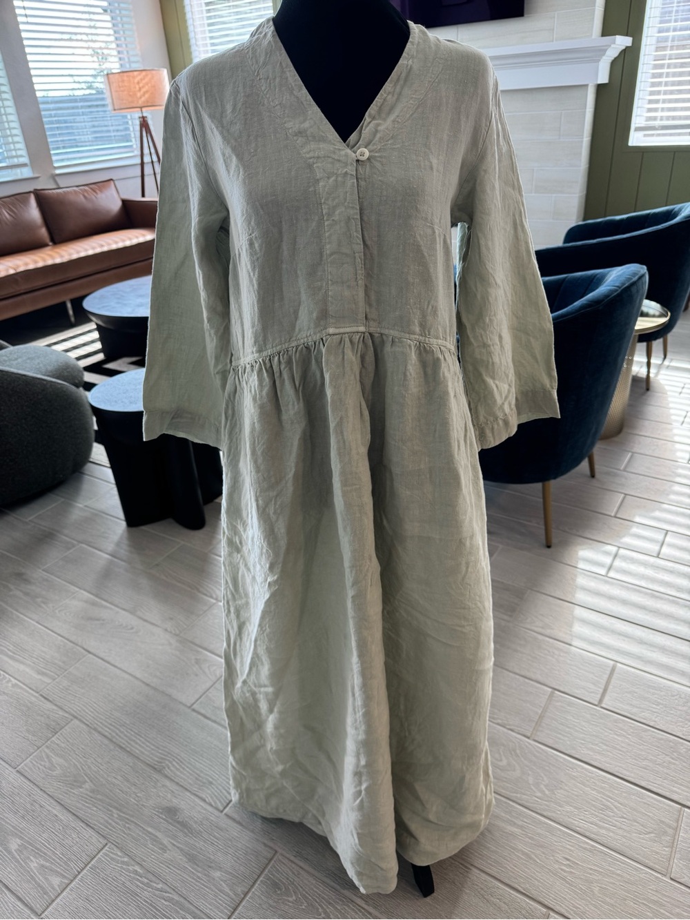 TOAST 100% Linen Sage Green V Neck 3/4 Sleeve Midi Dress Size XS VGUC